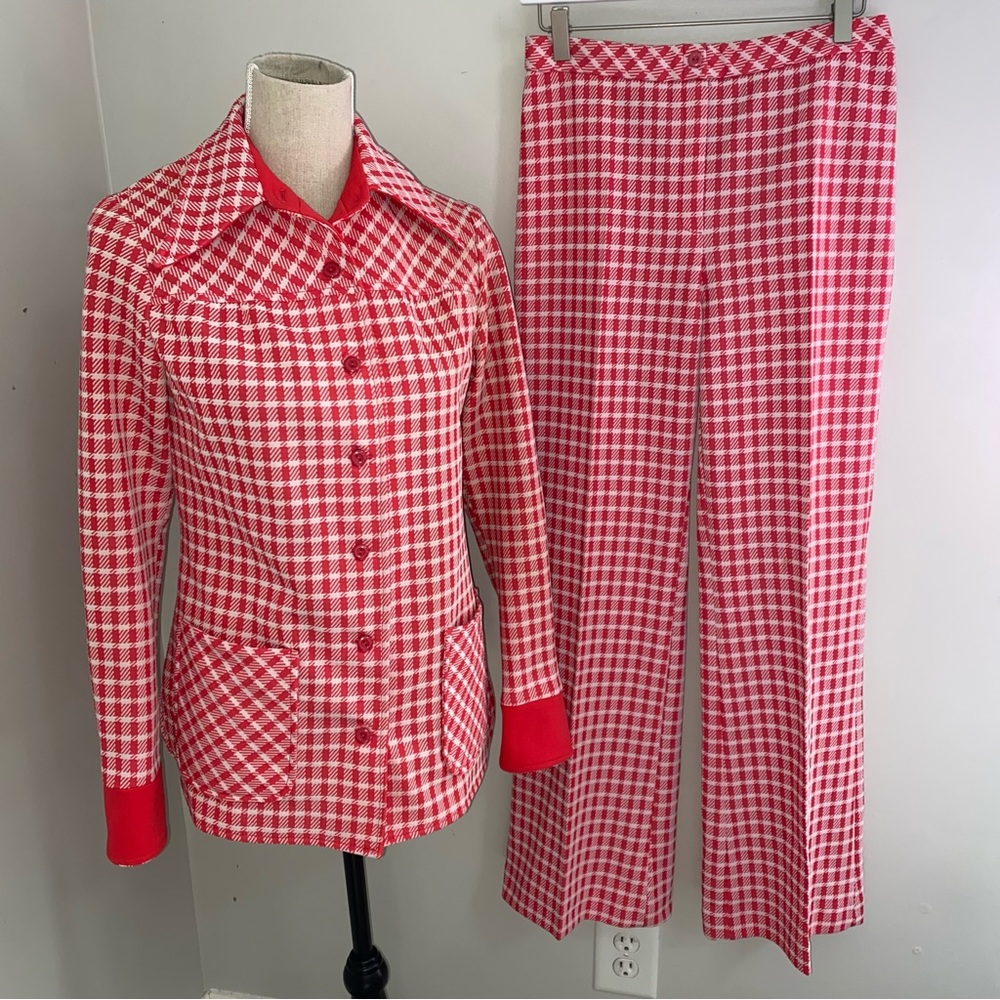 Alex Colman vintage pink & white houndstooth leisure pants suit size Small 6-8